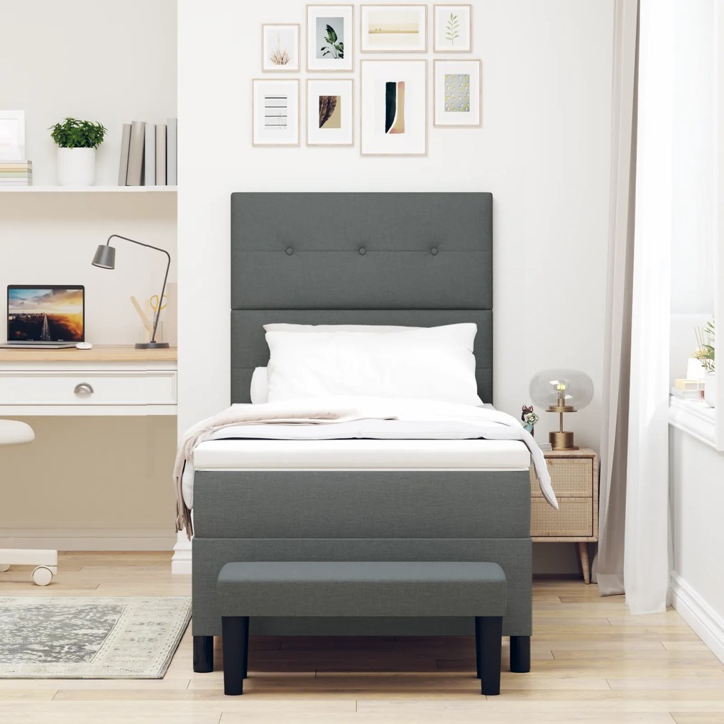 vidaXL Κρεβάτι Box Spring με Στρώμα & Πάγκο Σκούρου Γκρι 100x200 cm Υφασμάτινο