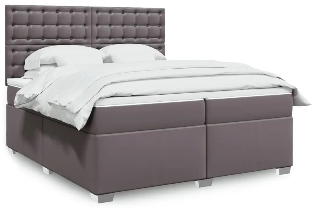 vidaXL Κρεβάτι Boxspring με Στρώμα Γκρι 200x200 εκ. Συνθετικό Δέρμα