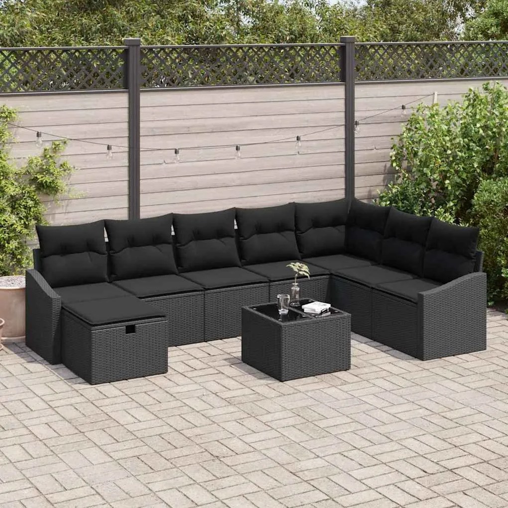 vidaXL Σετ Καναπέ Κήπου με μαξιλάρι 9 pcs Μαύρο Πολυ ράταν
