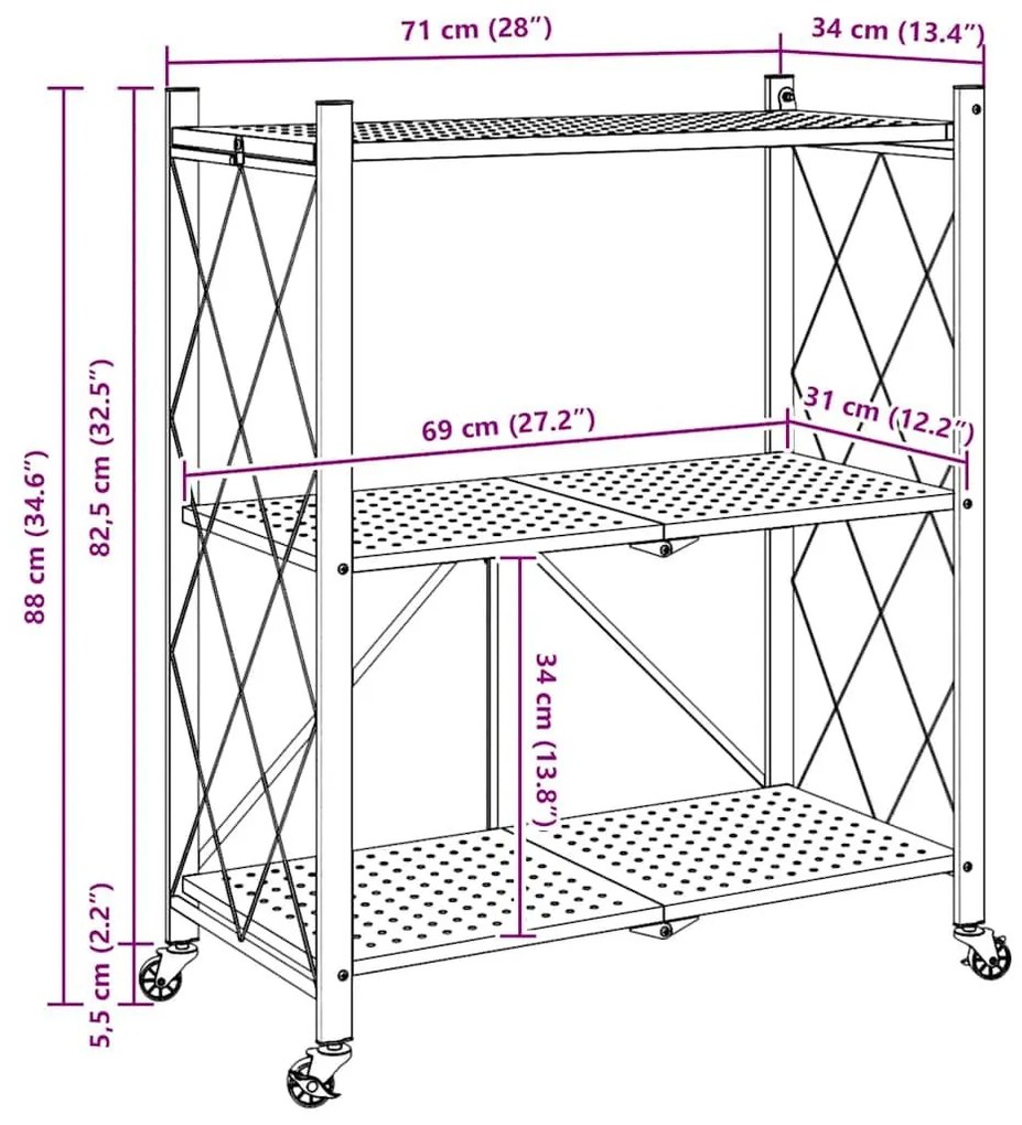 Ράφι αποθήκευσης σε ρόδες Μαύρο 71x34x88 cm Ατσάλι