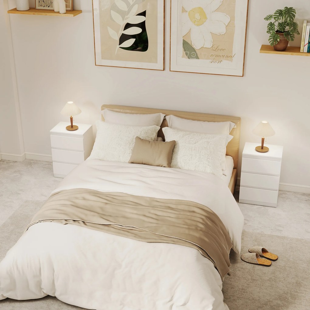 HOMCOM Νυχτερινό Τραπεζάκι, Σετ 2 Τραπεζιών Κομοδίνου με 3 Συρτάρια, Νυχτικό, Κομοδίνο για Υπνοδωμάτιο, Σαλόνι, 40 x 30 x 59,5 cm, Λευκό