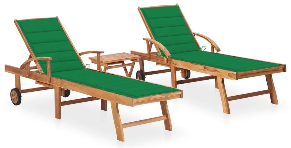 vidaXL Ξαπλώστρες 2 τεμ. από Μασίφ Ξύλο Teak με Τραπέζι και Μαξιλάρι