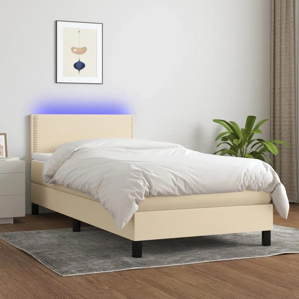 Κρεβάτι Boxspring με Στρώμα &amp; LED Κρεμ 90x200 εκ. Υφασμάτινο