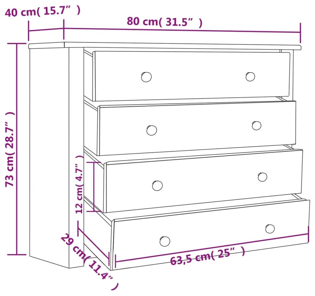 vidaXL Συρταριέρα Λευκή 80 x 40 x 73 εκ. από Ξύλο Πεύκου Σειρά Panama