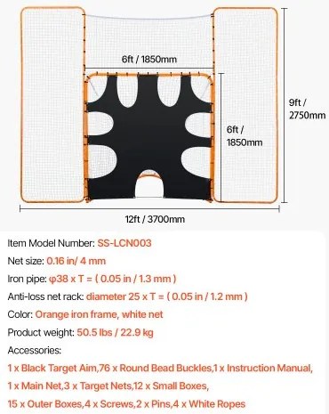 VEVOR 12x9 ft 3-IN-1 Lacrosse Goal Net with Backstop Target Rebounder Equipment