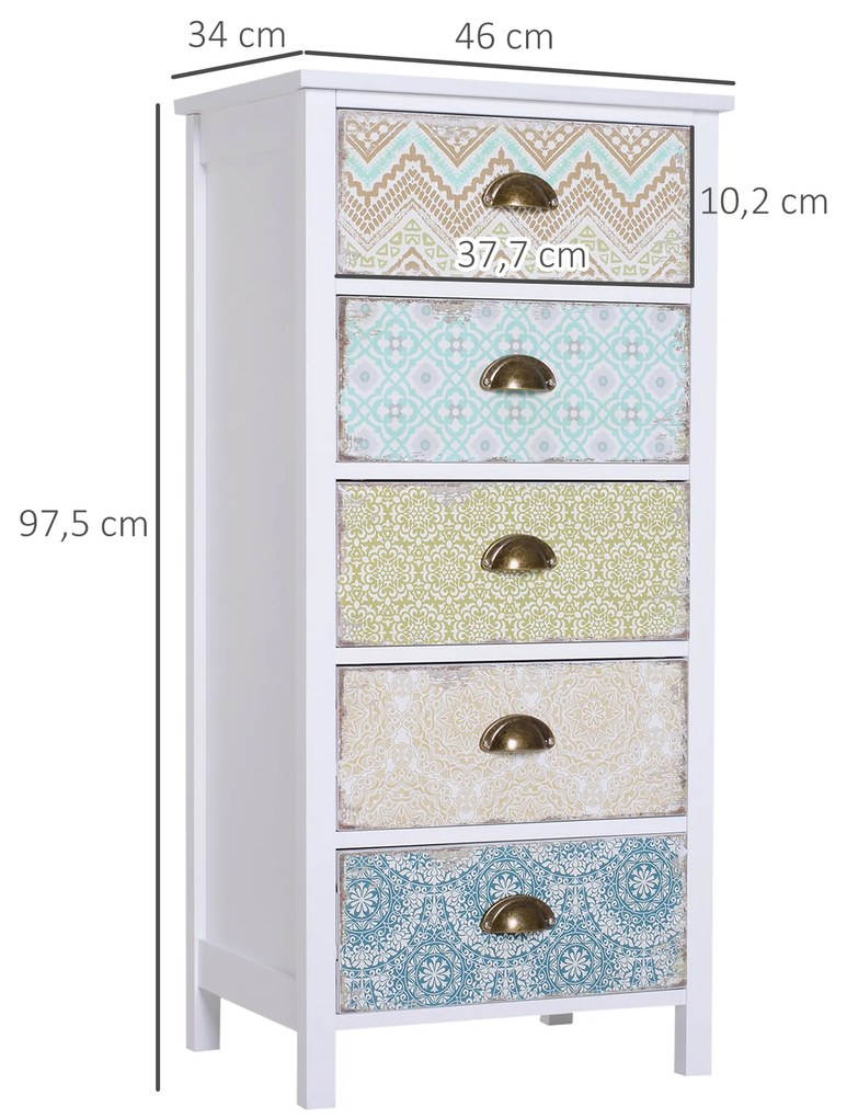 HOMCOM Συρταριέρα, έπιπλο αποθήκευσης, μοντέρνος σχεδιασμός, 5 συρτάρια, 46 εκ. x 34 εκ. x 97,5 εκ., Πολύχρωμο