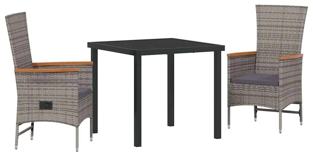 vidaXL Σέτ φαγητού για κήπο με μαξιλάρι 3 pcs Γκρι Πολυ ράταν