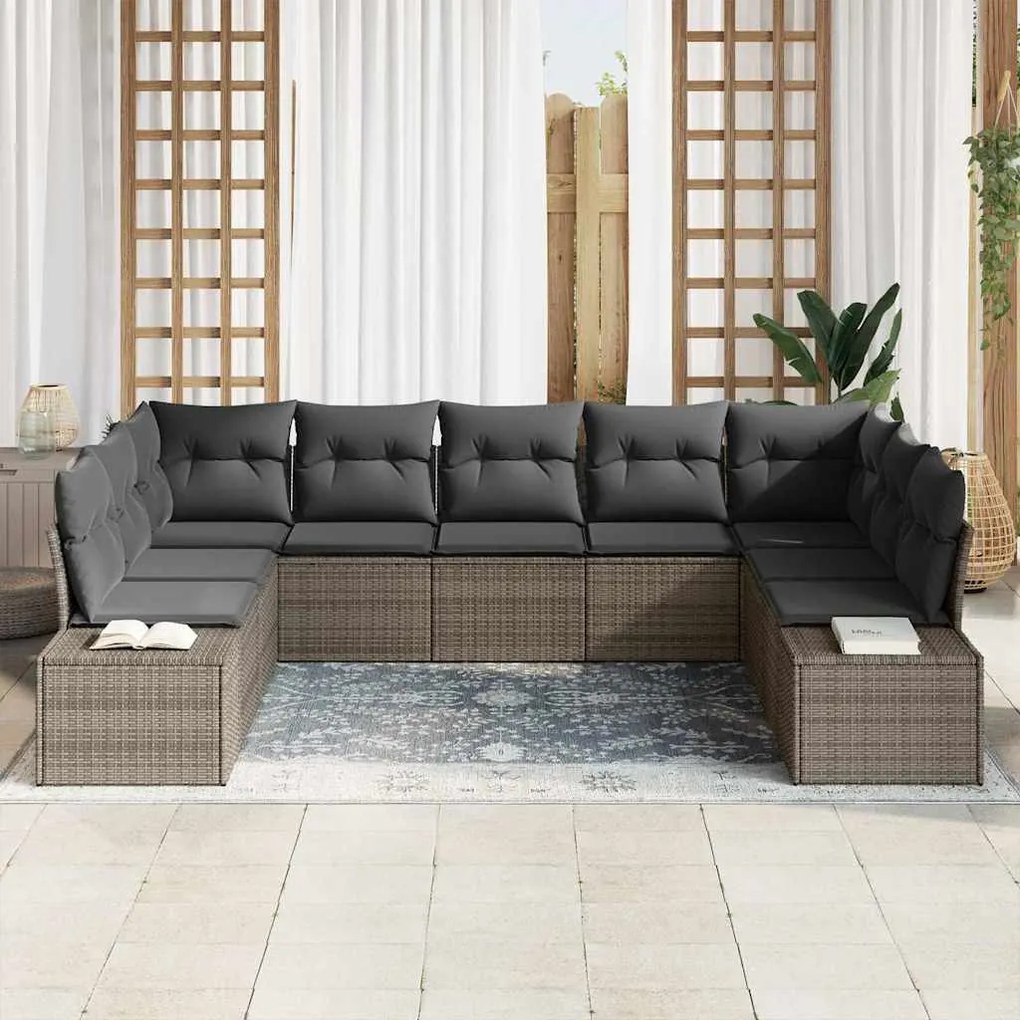 vidaXL Σετ Καναπέ Κήπου με μαξιλάρι 9 pcs Γκρι Πολυ ράταν