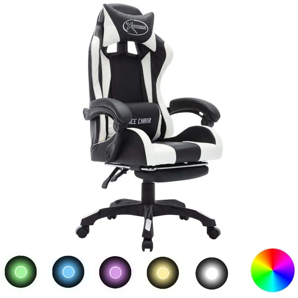 vidaXL Καρέκλα Racing με Φωτισμό RGB LED Ασπρόμαυρη Συνθετικό Δέρμα