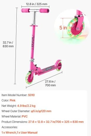 VEVOR Kick Scooter for Kids Ages 3+, 2-Wheel Toddler Scooter with Light-Up Wheels, Adjustable Height Handlebar, Wide Anti-Slip Deck, Foldable Lightweight Frame for Boys and Girls up to 49.9 kg, Pink