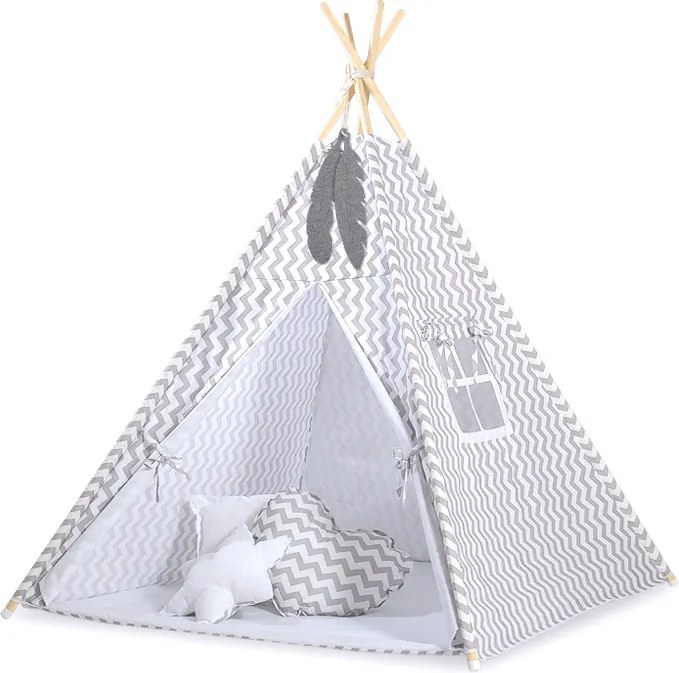 Teepee tent + decorative feathers- Chevron grey