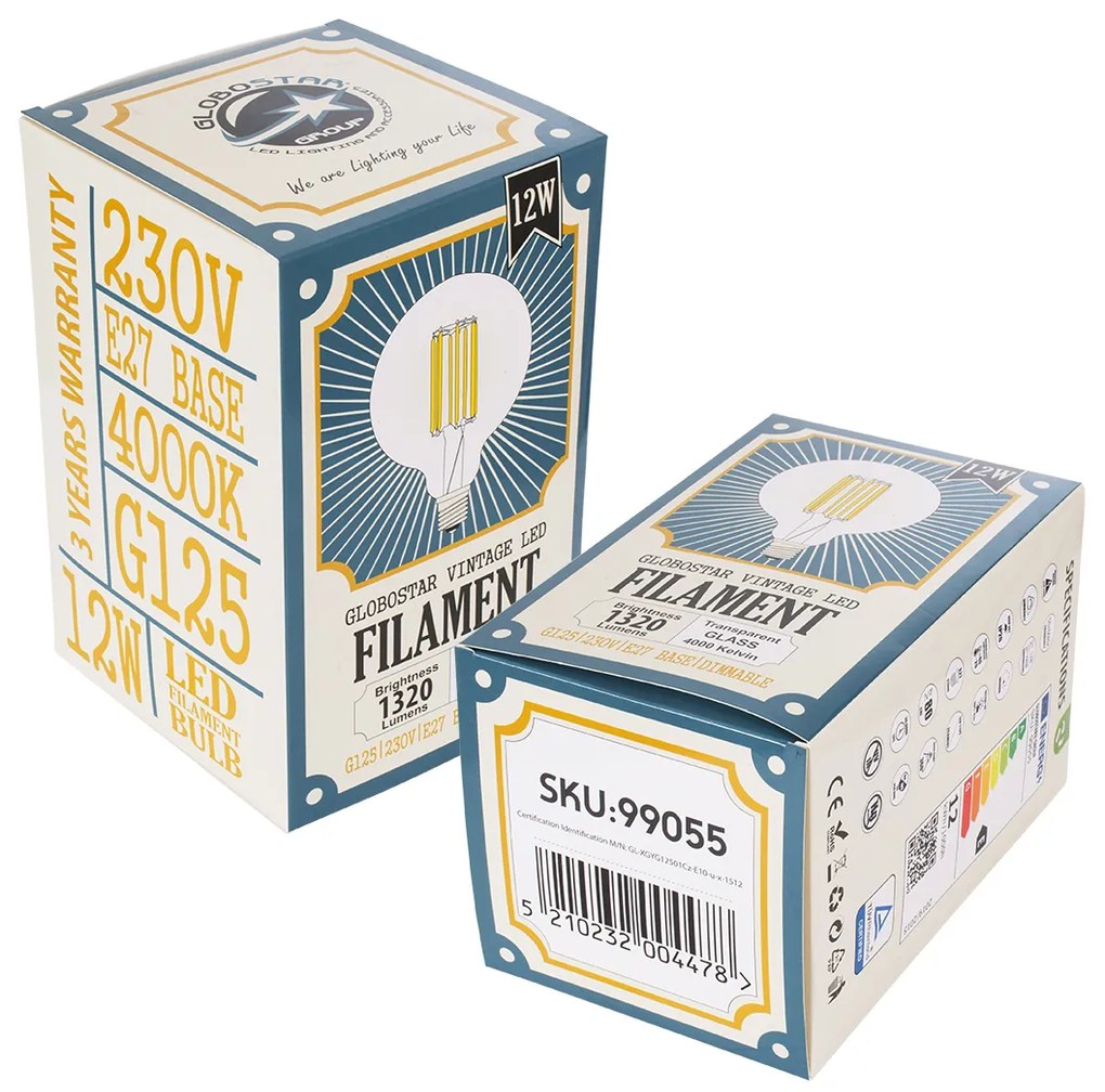 GloboStar 99055 Λάμπα LED Long Filament E27 G125 Γλόμπος 12W 1320lm 360° AC 220-240V IP20 Φ12.5 x Υ18cm Φυσικό Λευκό 4000K με Διάφανο Γυαλί - Dimmable - 3 Years Warranty - 99055