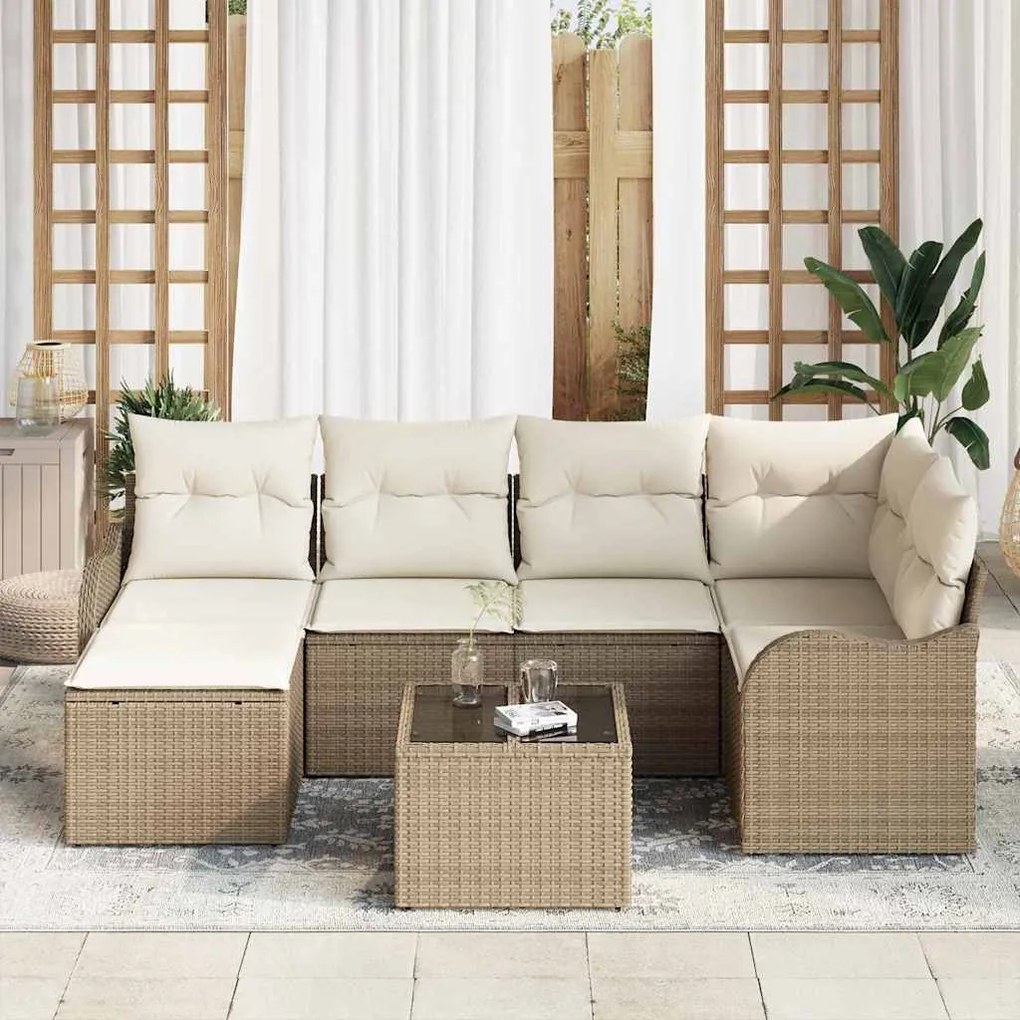 vidaXL Σετ Καναπέ Κήπου με μαξιλάρι 7 pcs Μπεζ Πολυ ράταν