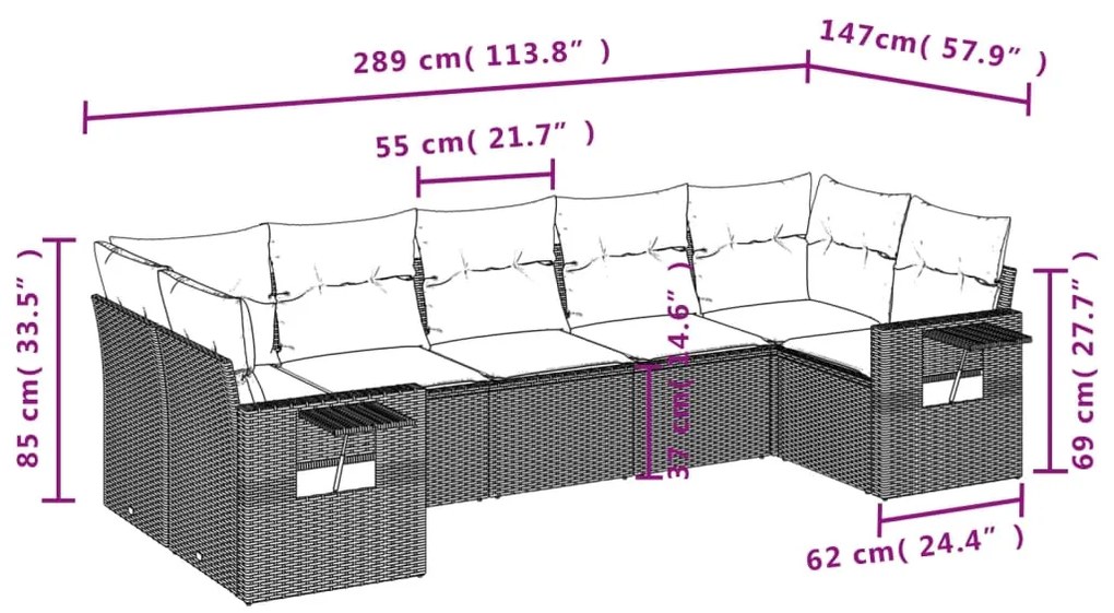 vidaXL Καναπές Σετ 7 Τεμαχίων Μαύρο Συνθετικό Ρατάν με Μαξιλάρια