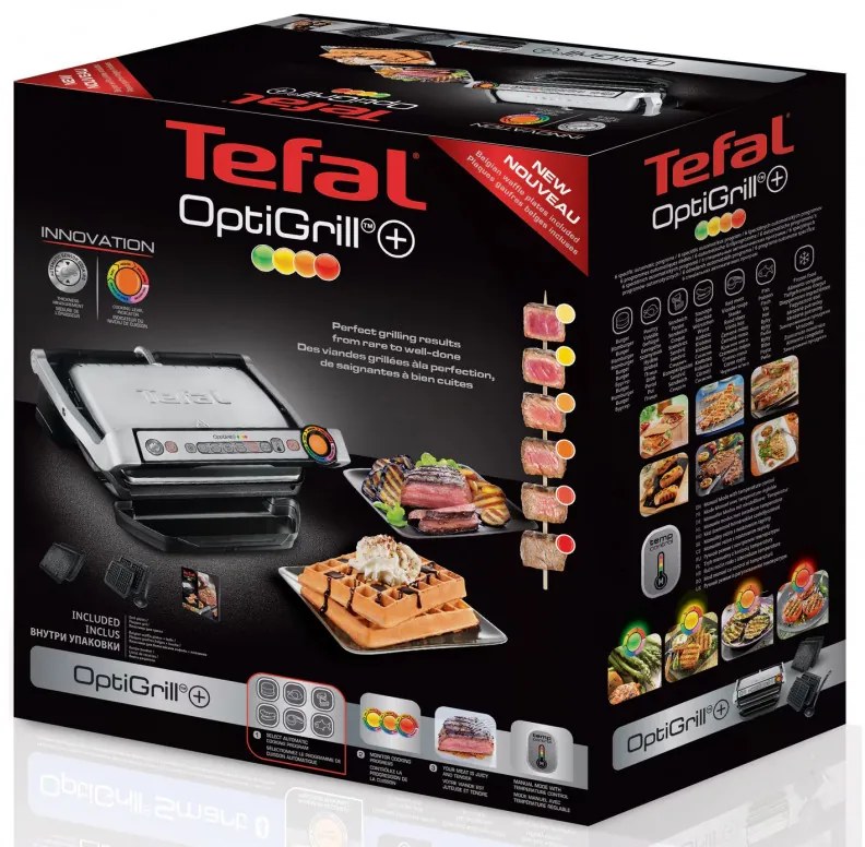 Ηλεκτρική ψησταριά Tefal OptiGrill+ Waffles GC716D12, 2000W, 6 προγράμματα, αντικολλητική επίστρωση Teflon, πλάκες βάφλας, ρύθμιση θερμοκρασίας, Max 275C, Inox