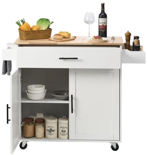 VEVOR Kitchen Island Cart with Solid Wood Top, 35.4" Width Mobile Carts with Storage Cabinet, Rolling Kitchen Table with Spice Rack, Towel Rack, Drop Leaf and Drawer, Portable Islands on Wheels, White