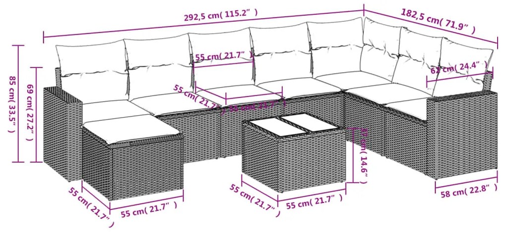 vidaXL Σαλόνι Κήπου Σετ 9 τεμ. Μπεζ Συνθετικό Ρατάν με Μαξιλάρια