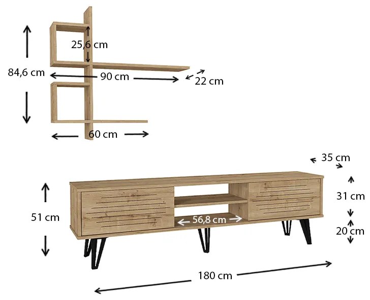 Σύνθεση τηλεόρασης Salerno Megapap από μελαμίνη χρώμα sapphire oak 180x35x51εκ.