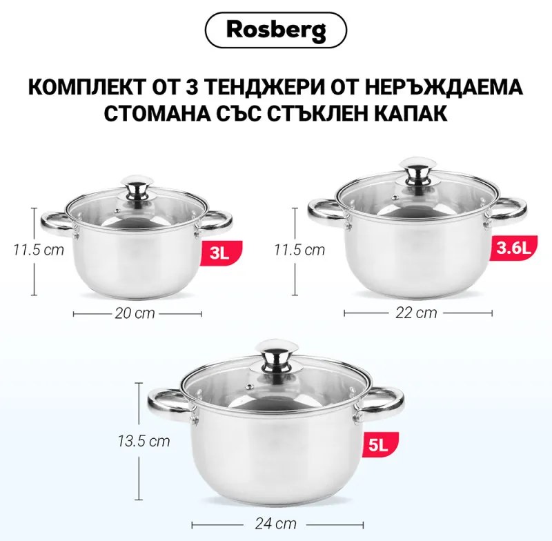 Σετ κατσαρόλες Rosberg R51210O6, 6 τμχ, 3-5 L, Γυάλινα καπάκια, Inox