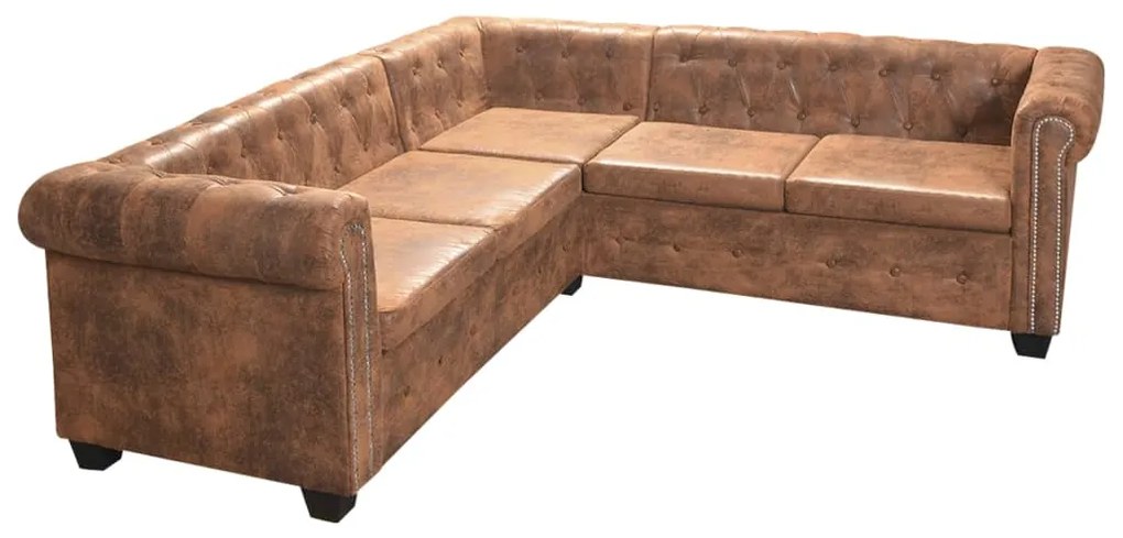 vidaXL Γωνιακός Καναπές Chesterfield 5 Θέσεων Καφέ από Συνθετικό Δέρμα