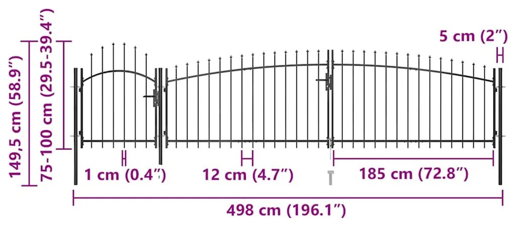 vidaXL Καγκελόπορτα με Λόγχες Μαύρη 5 x 1,5 μ.