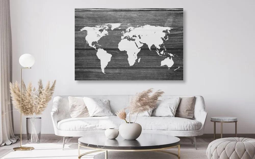 Εικόνα ενός ασπρόμαυρου παγκόσμιου χάρτη φελλού με ξύλινο φόντο - 90x60  wooden