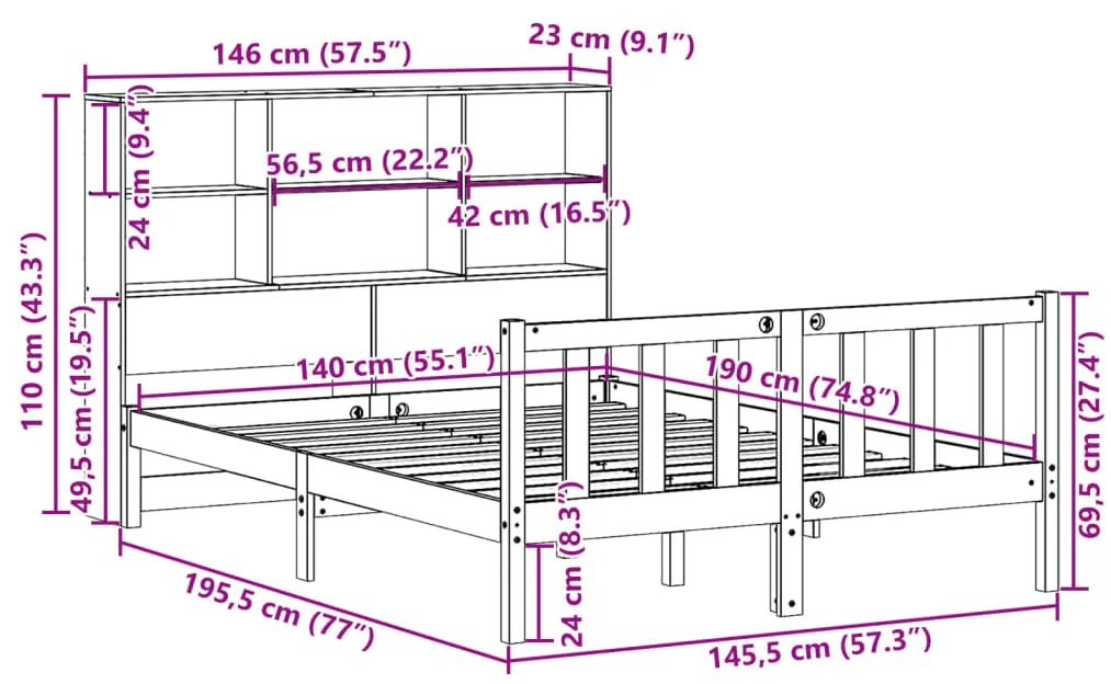 Κρεβάτι Βιβλιοθήκη Χωρίς Στρώμα 140x190 εκ Μασίφ Ξύλο Πεύκου - Λευκό