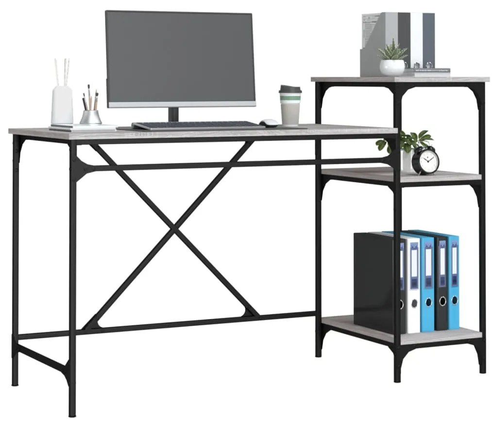 vidaXL Γραφείο με Ράφια Γκρι Sonoma 135x50x90 εκ. Επεξ. Ξύλο/Σίδηρος
