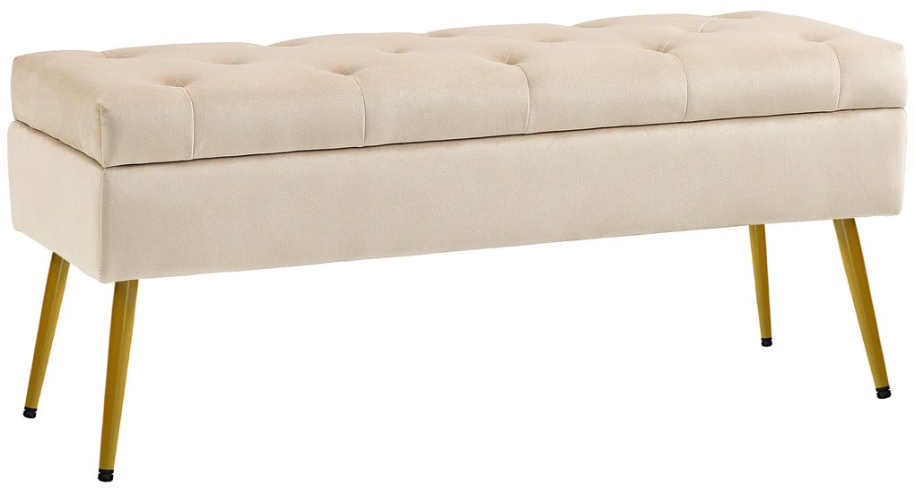 HOMCOM Αποθηκευτικό παγκάκι από βελούδο, ταπετσαρισμένο σκαμπό με σχέδιο καπιτονέ, μεταλλικό πλαίσιο, 102 x 35 x 43 cm, Μπεζ