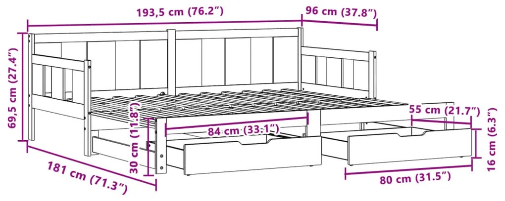 Καναπές Κρεβάτι Συρόμενος Χωρίς Στρώμα 90x190 εκ. &amp; Συρτάρια - Λευκό