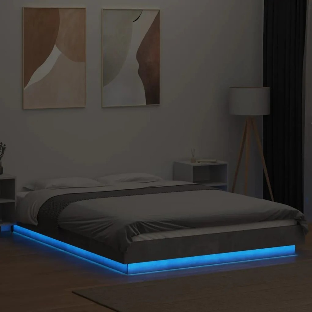 Πλαίσιο Κρεβατιού με Φώτα LED Γκρι Σκυρ. 140x200 εκ. Επεξ. Ξύλο - Γκρι