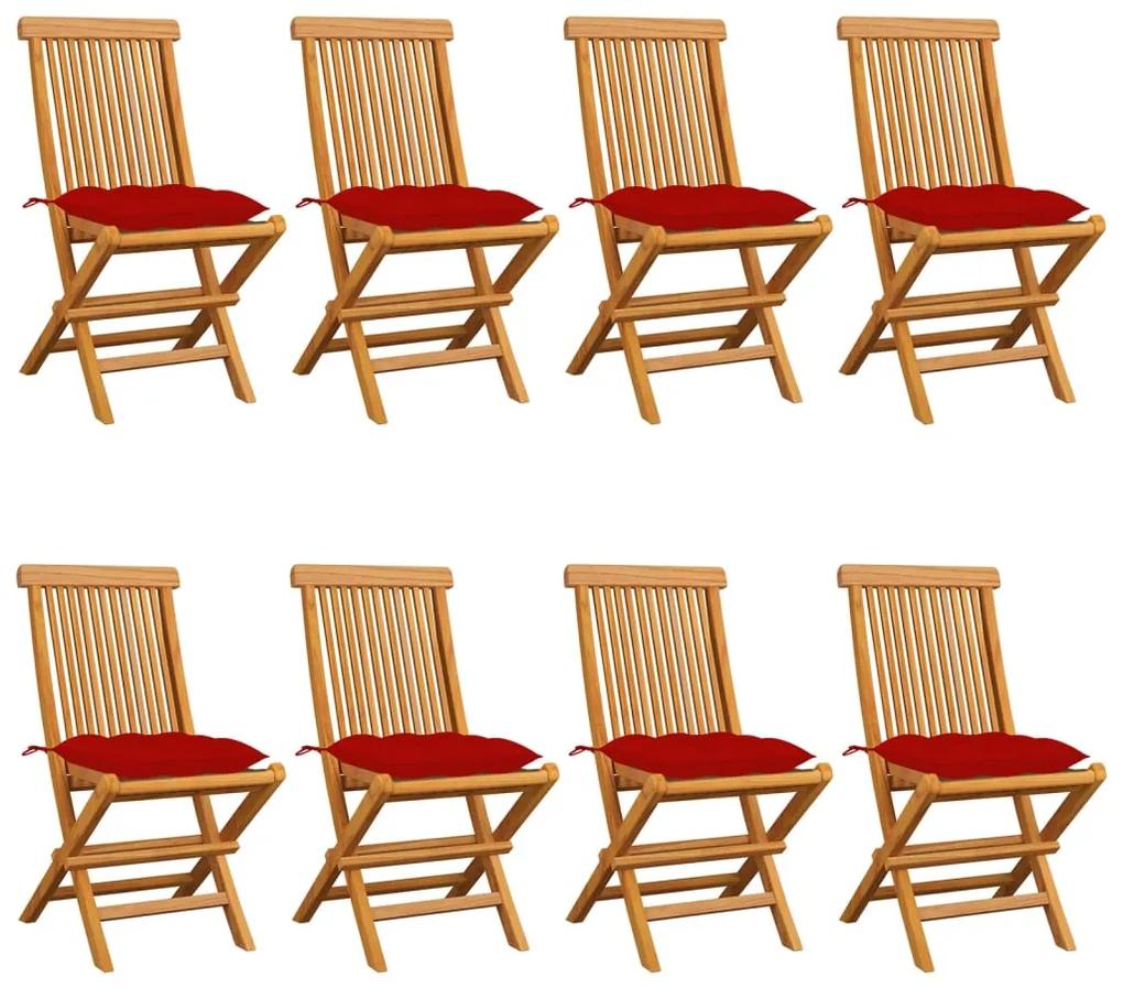 vidaXL Καρέκλες Κήπου 8 τεμ. από Μασίφ Ξύλο Teak με Κόκκινα Μαξιλάρια