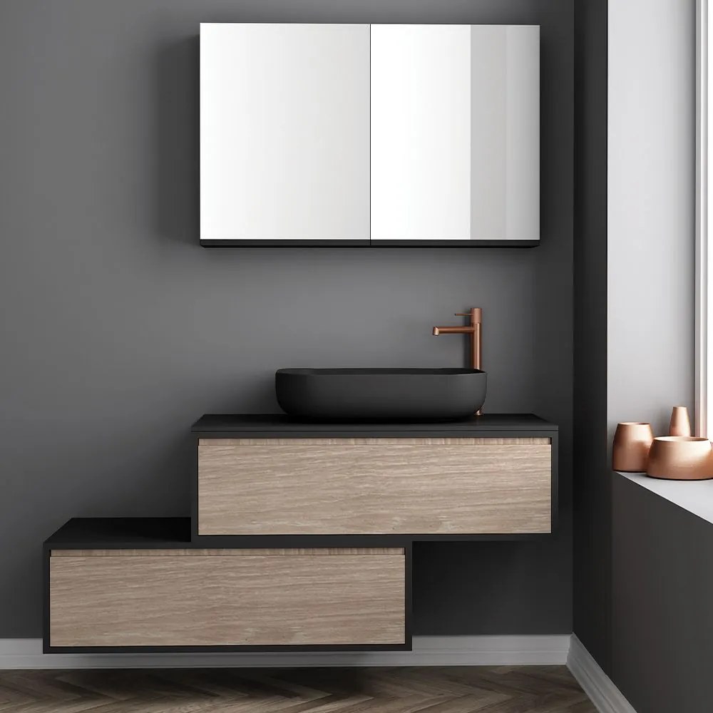 Κρεμαστό Έπιπλο Μπάνιου 150x45x60cm Λευκή Ματ Επικάλυψη &amp; Βάση με Συρτάρια Μελαμίνης (χωρίς καθρέπτη και νιπτήρα) Orabella Drawer Asymmetrical 100 F70216-70216