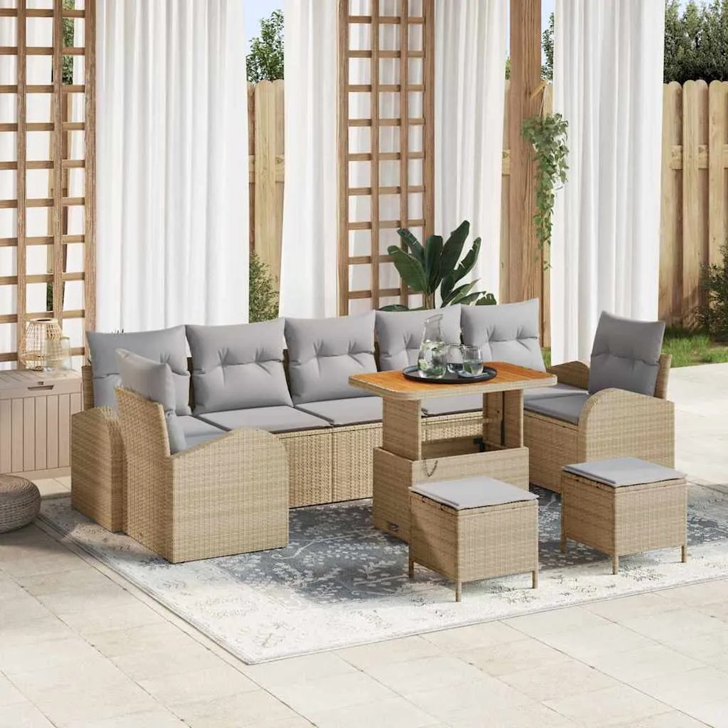 vidaXL Σετ Καναπέ Κήπου με μαξιλάρι 10 pcs Μπεζ Πολυ ράταν
