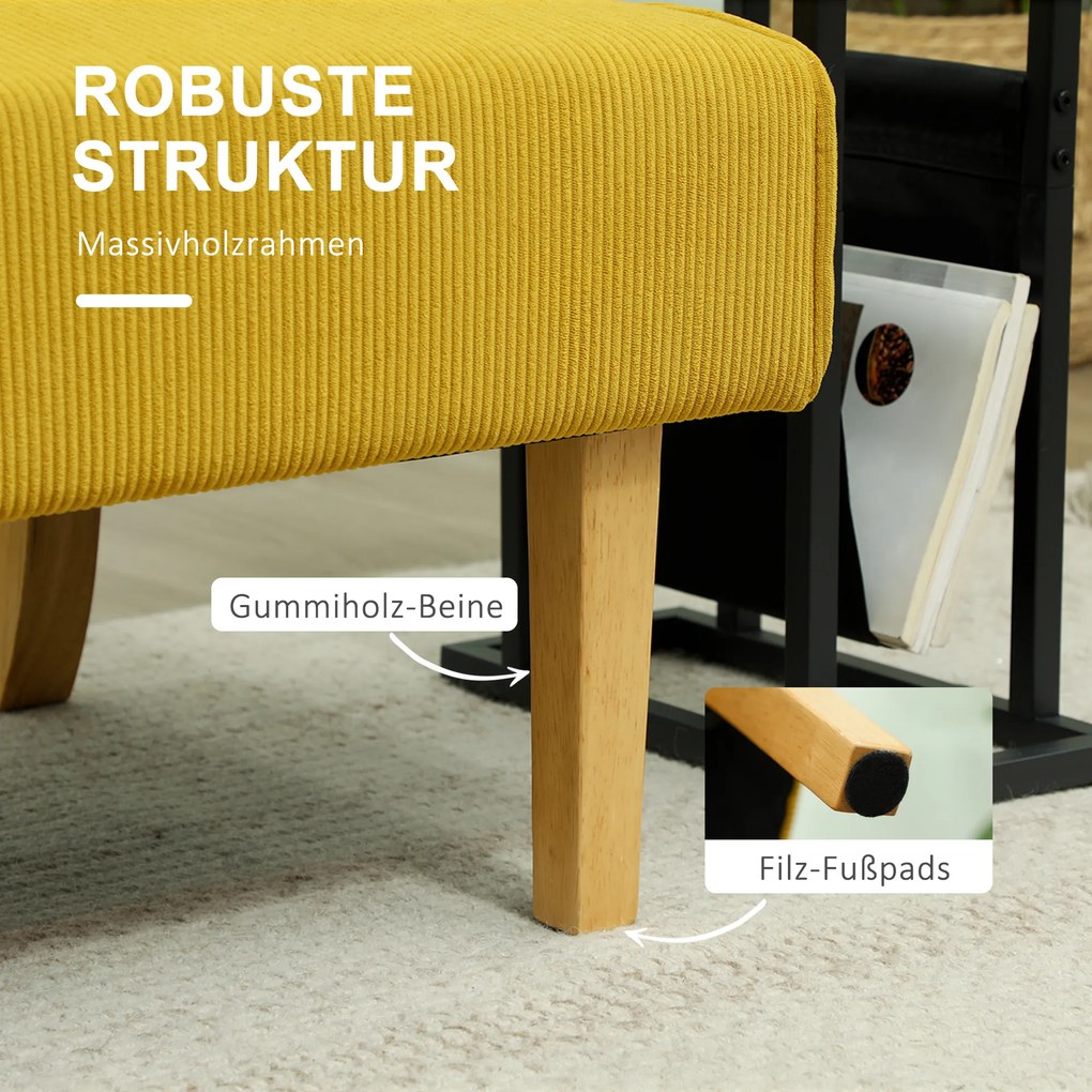 HOMCOM Καναπές δύο θέσεων με κοτλέ ύφασμα, παχύ μαξιλάρι και συμπαγή ξύλινα πόδια για σαλόνι, υπνοδωμάτιο, γραφείο, Κίτρινο