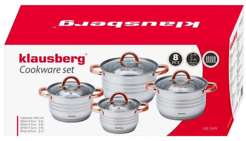 Σετ κατσαρόλα Klausberg KB 7699, 8 μέρη, Επαγωγή, Inox/χρυσό