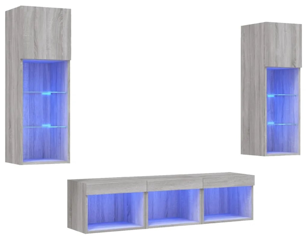vidaXL Έπιπλα Τοίχου Τηλεόρασης 5 τεμ. LED Γκρι Sonoma από Επεξ. Ξύλο