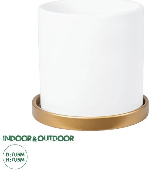 Artificial Garden KASOS 20444 Πήλινο Κεραμικό Κασπώ Γλάστρα - Flower Pot Λευκό με Χρυσό Φ15cm x Υ15cm Globostar-20444-Λευκό-Χρυσ 20444