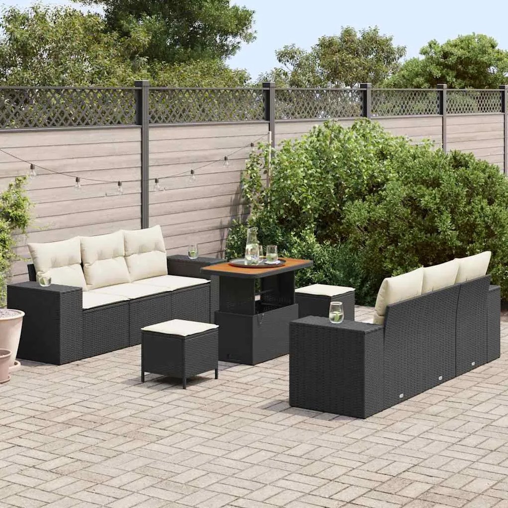 vidaXL Σετ Καναπέ Κήπου με μαξιλάρι 9 pcs Μαύρο και Κρέμα Πολυ Ρατάν