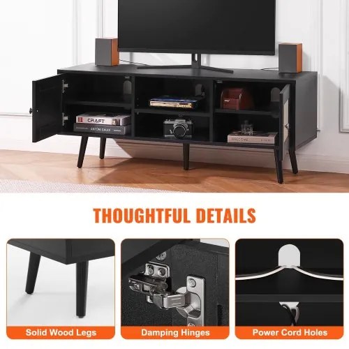 VEVOR Rattan TV Stand, Boho TV Cabinet for 55 inch TV, Mid Century Modern TV Stand, Rattan TV Console with Adjustable Shelfs for  Living Room, Media Room, Black