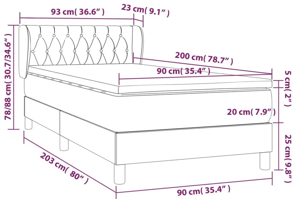 vidaXL Κρεβάτι Boxspring με Στρώμα Μαύρο 90x200 εκ. Υφασμάτινο