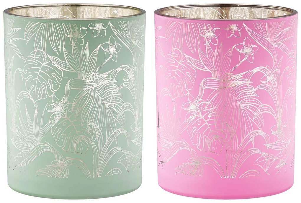Φανάρι Καταιγίδας Cylindrical "Tropic" Leaf Motif Γυάλινο Πράσινο Pink PU Pcs. Assorted H. 125 cm D. 10 cm-05161297