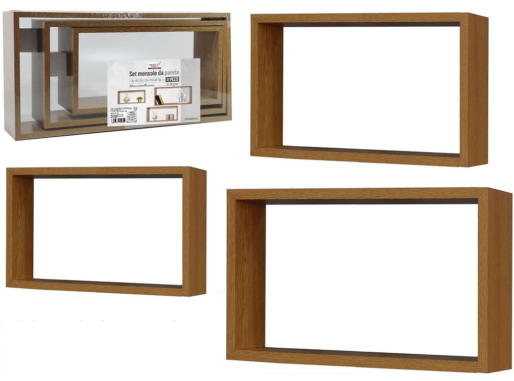 Σετ 3 Ράφια Κυβικά Φυσικό Ξύλο 70x35x15cm Σε 3 Διαστάσεις