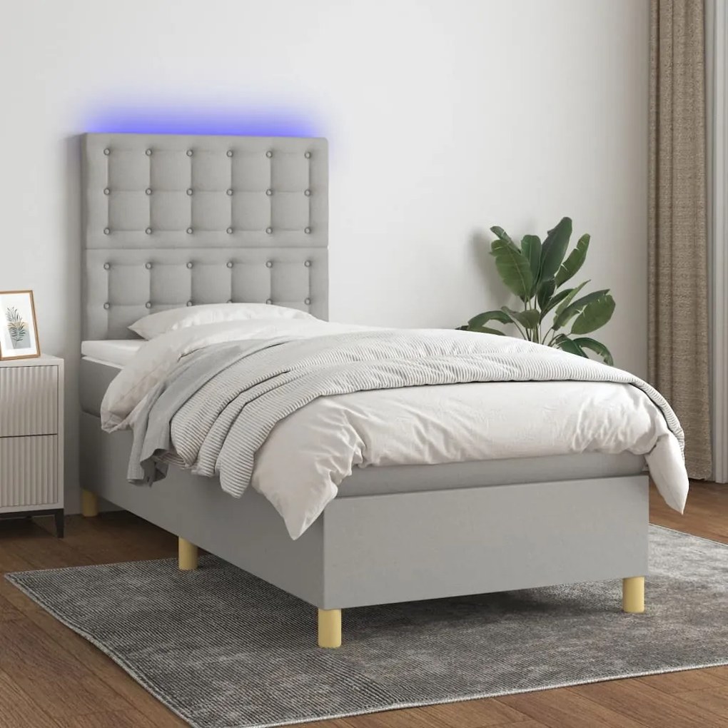 Κρεβάτι Boxspring με Στρώμα & LED Αν.Γκρι 100x200εκ. Υφασμάτινο
