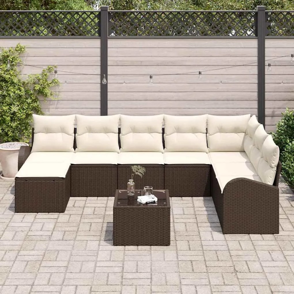 vidaXL Σετ Καναπέ Κήπου με μαξιλάρι 9 pcs Καφέ και λευκό Πολυ ράταν