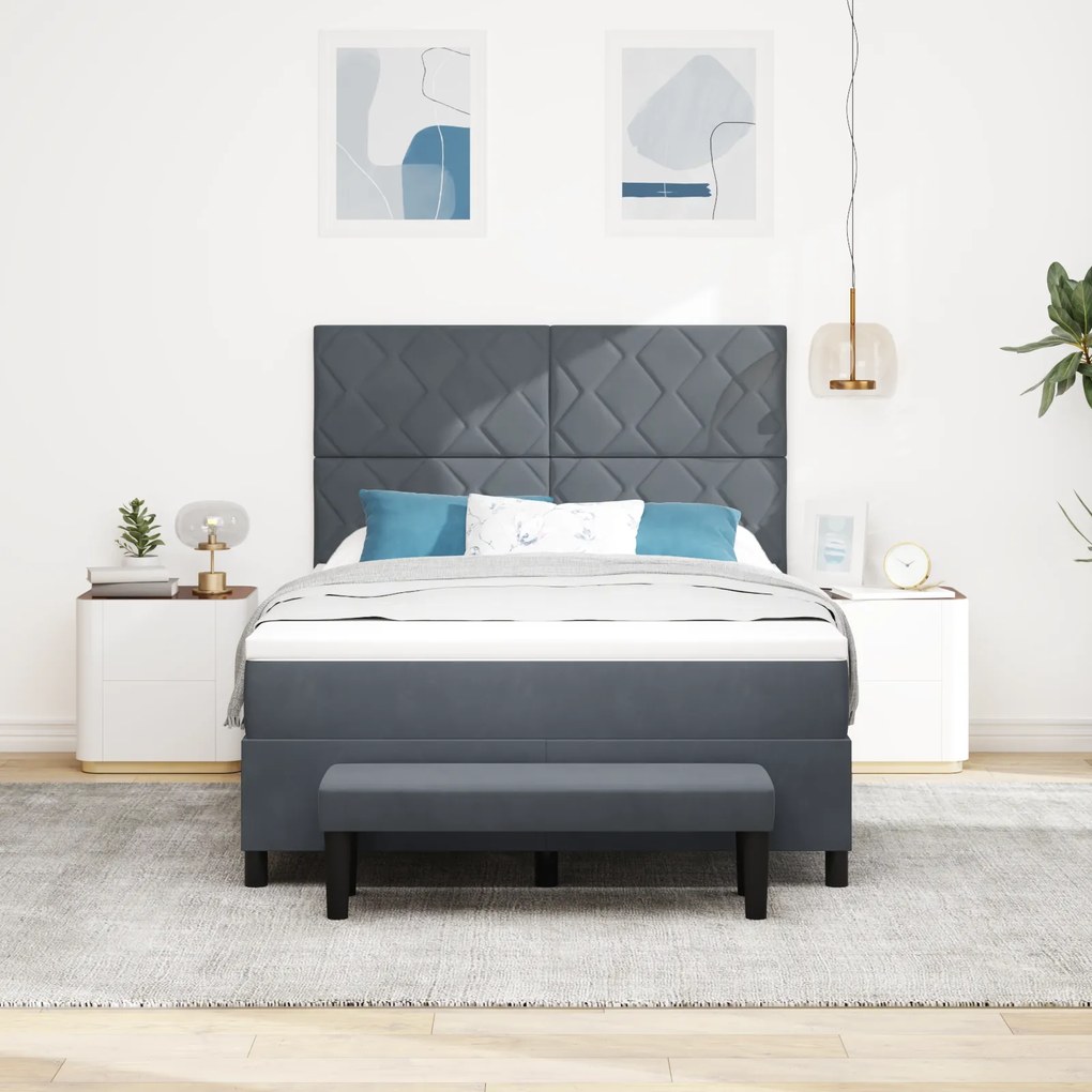 vidaXL Κρεβάτι Box Spring με Στρώμα & Πάγκο Σκούρο Γκρί 140x200 εκ Βελούδο