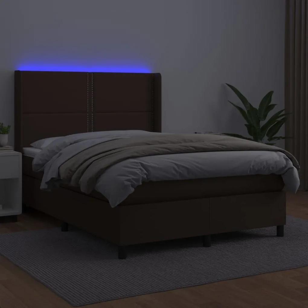 Κρεβάτι Boxspring με Στρώμα &amp; LED Καφέ 140x190 εκ. Συνθ. Δέρμα - Καφέ