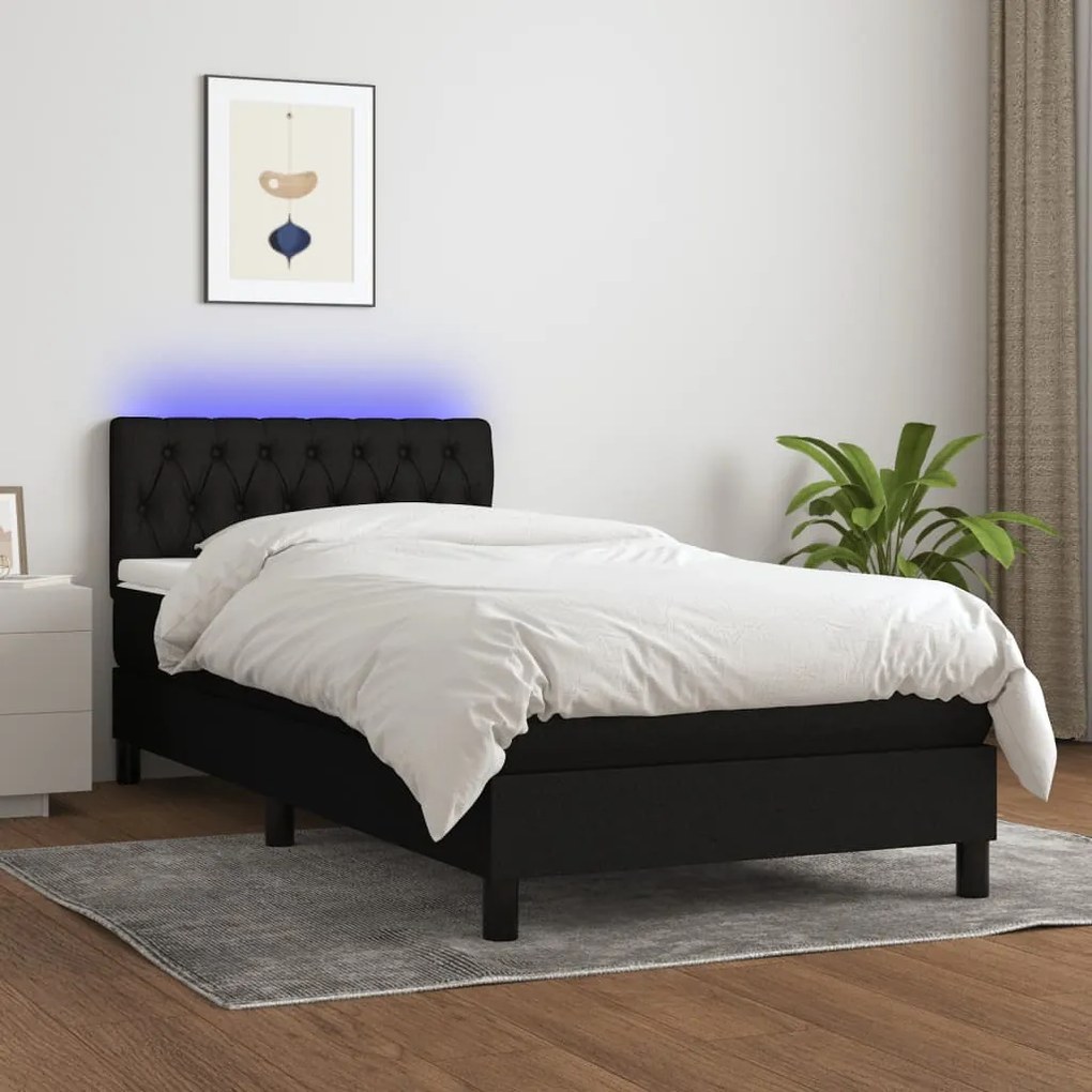 vidaXL Κρεβάτι Boxspring με Στρώμα & LED Μαύρο 100x200 εκ. Υφασμάτινο