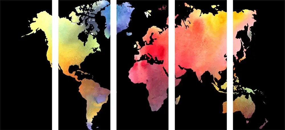 Χάρτης εικόνων 5 μερών του κόσμου σε σχέδιο ακουαρέλας σε μαύρο φόντο - 100x50