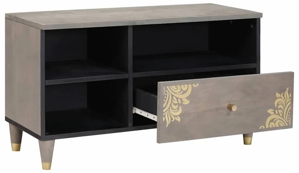 vidaXL Ντουλάπι TV Γκρι και Χρυσό 80 x 33.5 x 46 εκ. Μασίφ ξύλο μάνγκο